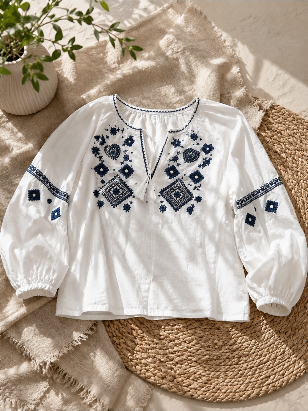 H&M White Peasant Tunic with Navy Embroidery